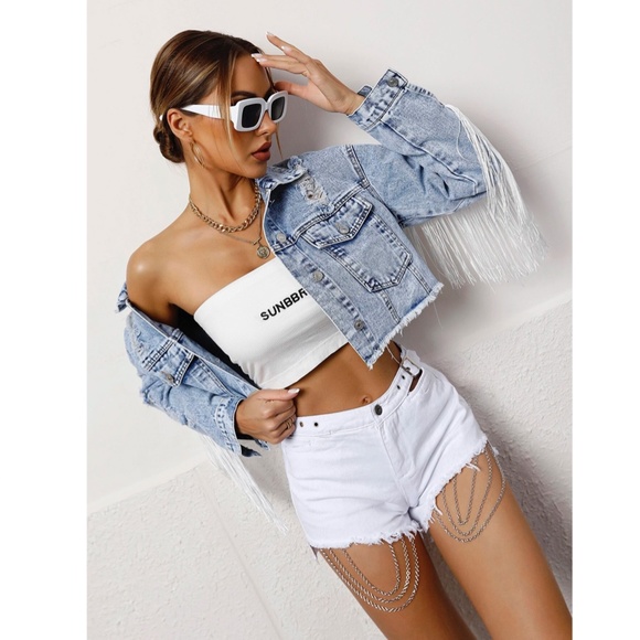 Tassel Detail Light Wash Blue Denim Jean Jacket Crop Button Front Pockets - Picture 3 of 8